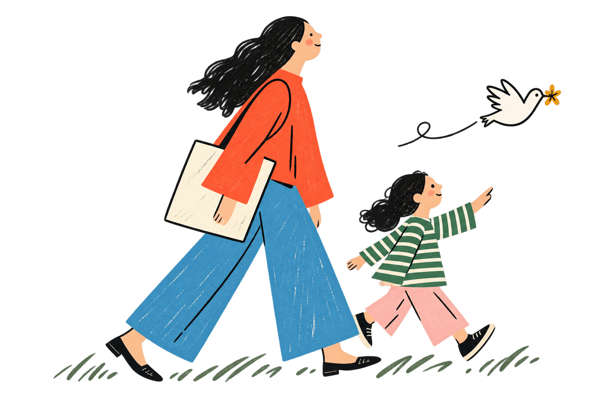 A mother and her daughter walking together, a small bird carrying a flower above them